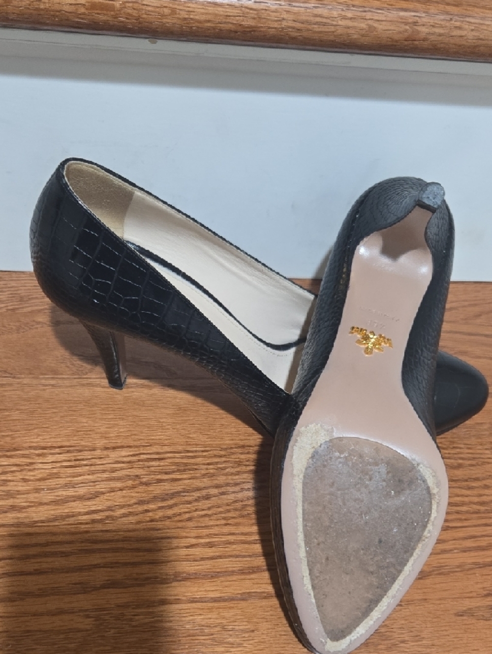 Prada Black Croc-Embossed Pointed Pumps - Picture 5 of 12